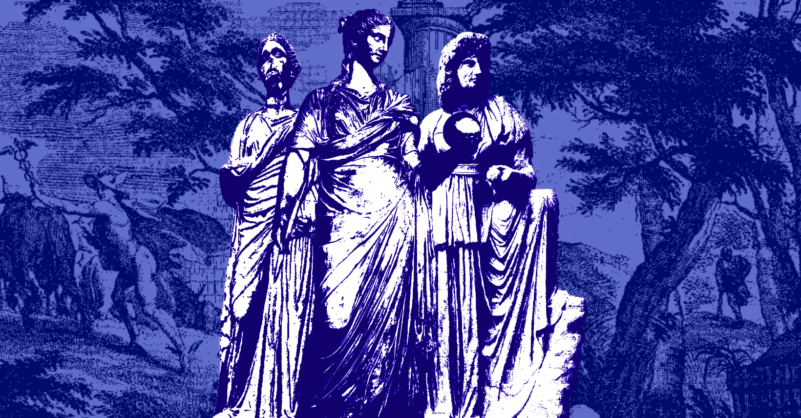Three classical robed figures as a blue duotone engraving